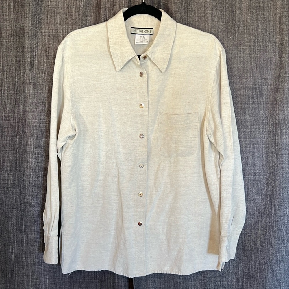 Notations cream oatmeal linen rayon button down blouse with shell buttons